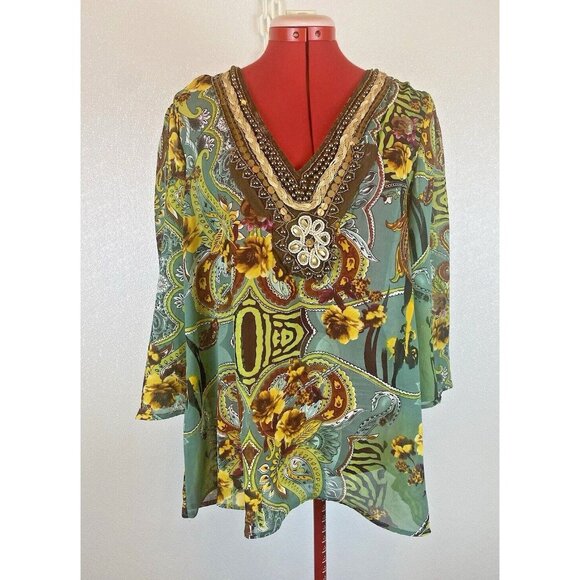 Women SZ 6 Boho Chic Sheer Floral Embellished V-Neck Tunic Coverup  Green Yellow - Picture 1 of 16